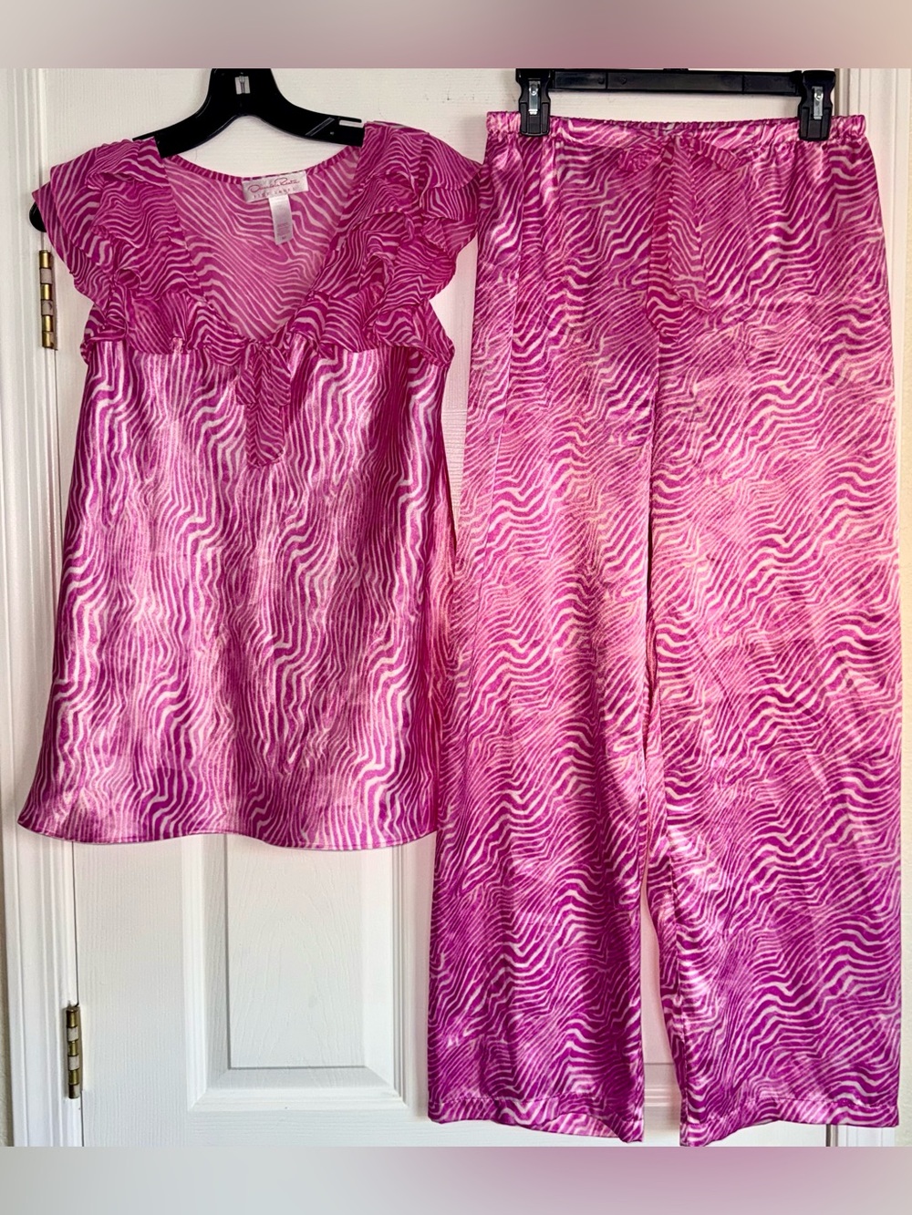 OSCAR DE LA RENTA PINK LABEL Zebra Print Satin Ruffle PJ Pant Top Set M Vintage